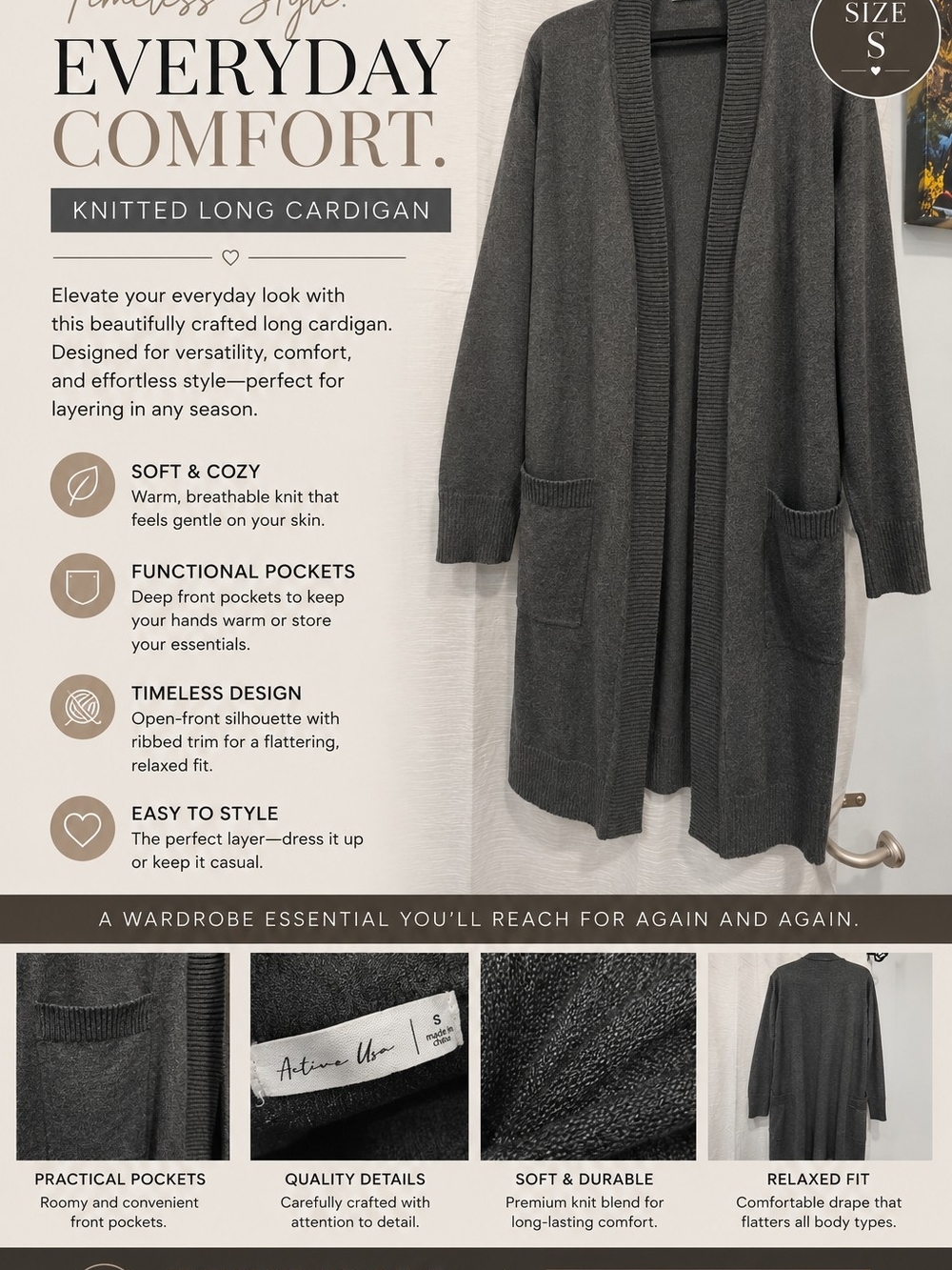 Everyday Comfort Long Open-Front Cardigan - Charcoal Gray